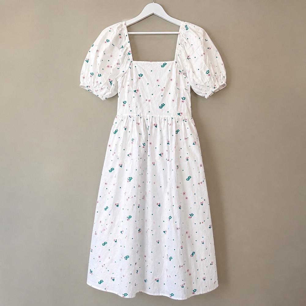 Barbour Fairacre Poplin Midi Dress Floral Embroidered Puff Sleeve NWT USA 12